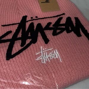 Stussy Pink Cuff Beanie with white embroidered Logo